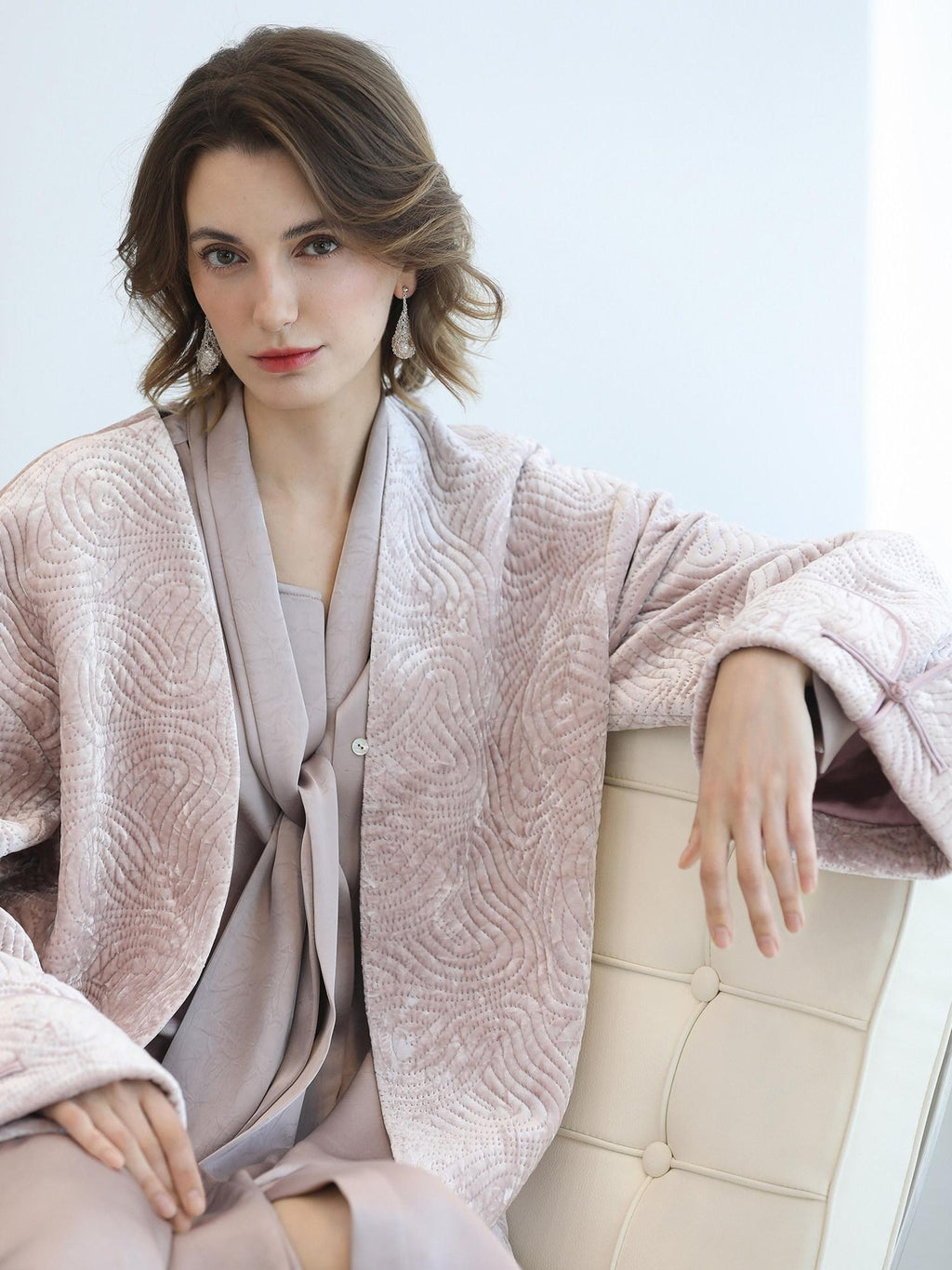 COCOBELLA Velvet Pink Insulated Loose Fit Mid Length Office Padded Jackets