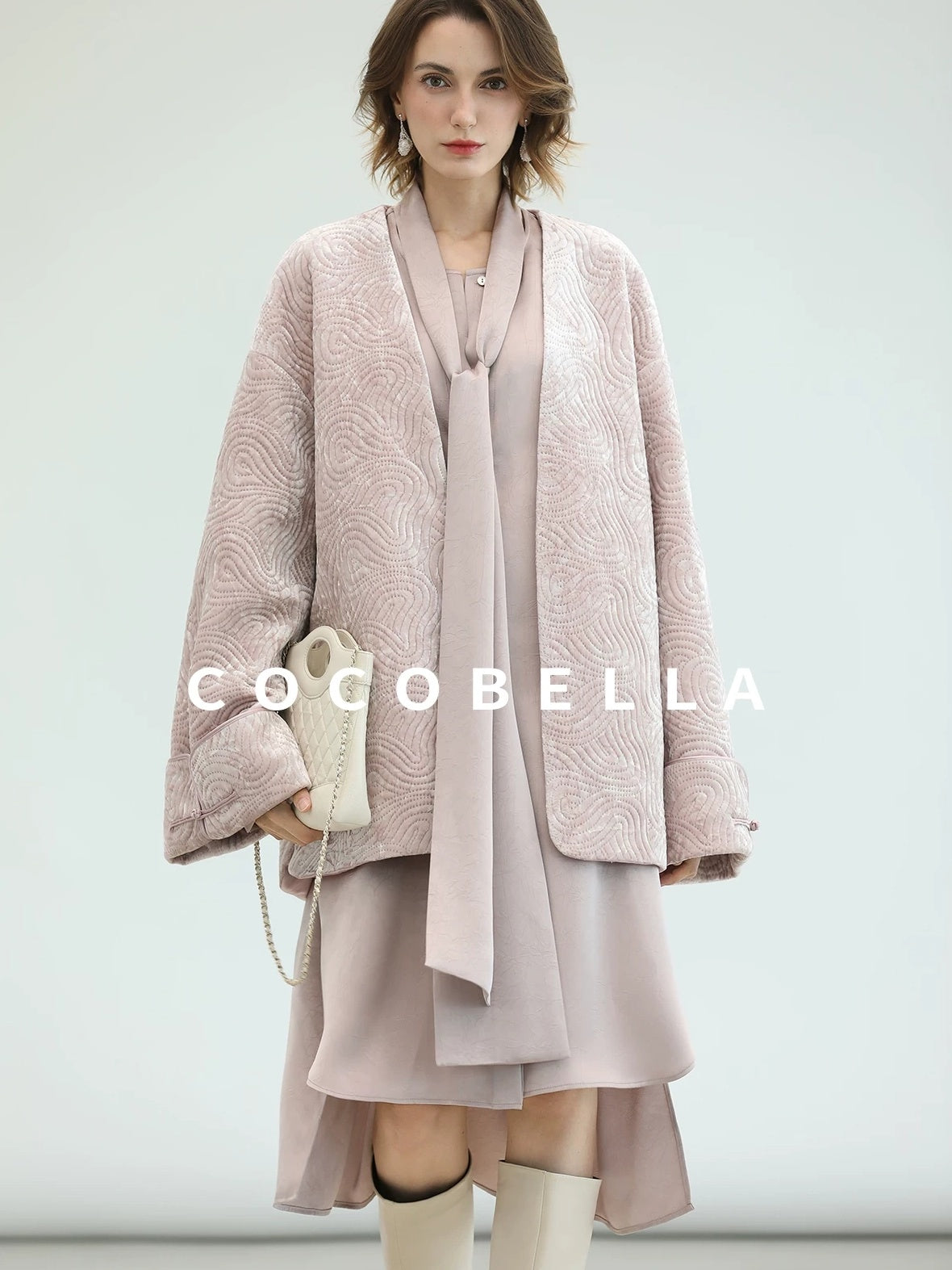 COCOBELLA Velvet Pink Insulated Loose Fit Mid Length Office Padded Jackets