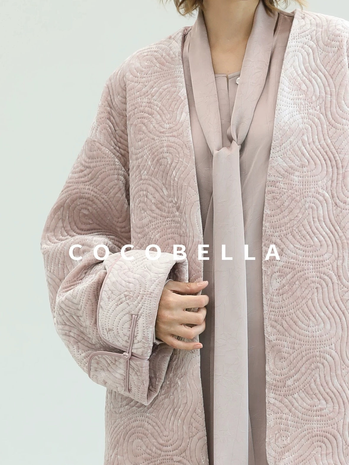 COCOBELLA Velvet Pink Insulated Loose Fit Mid Length Office Padded Jackets