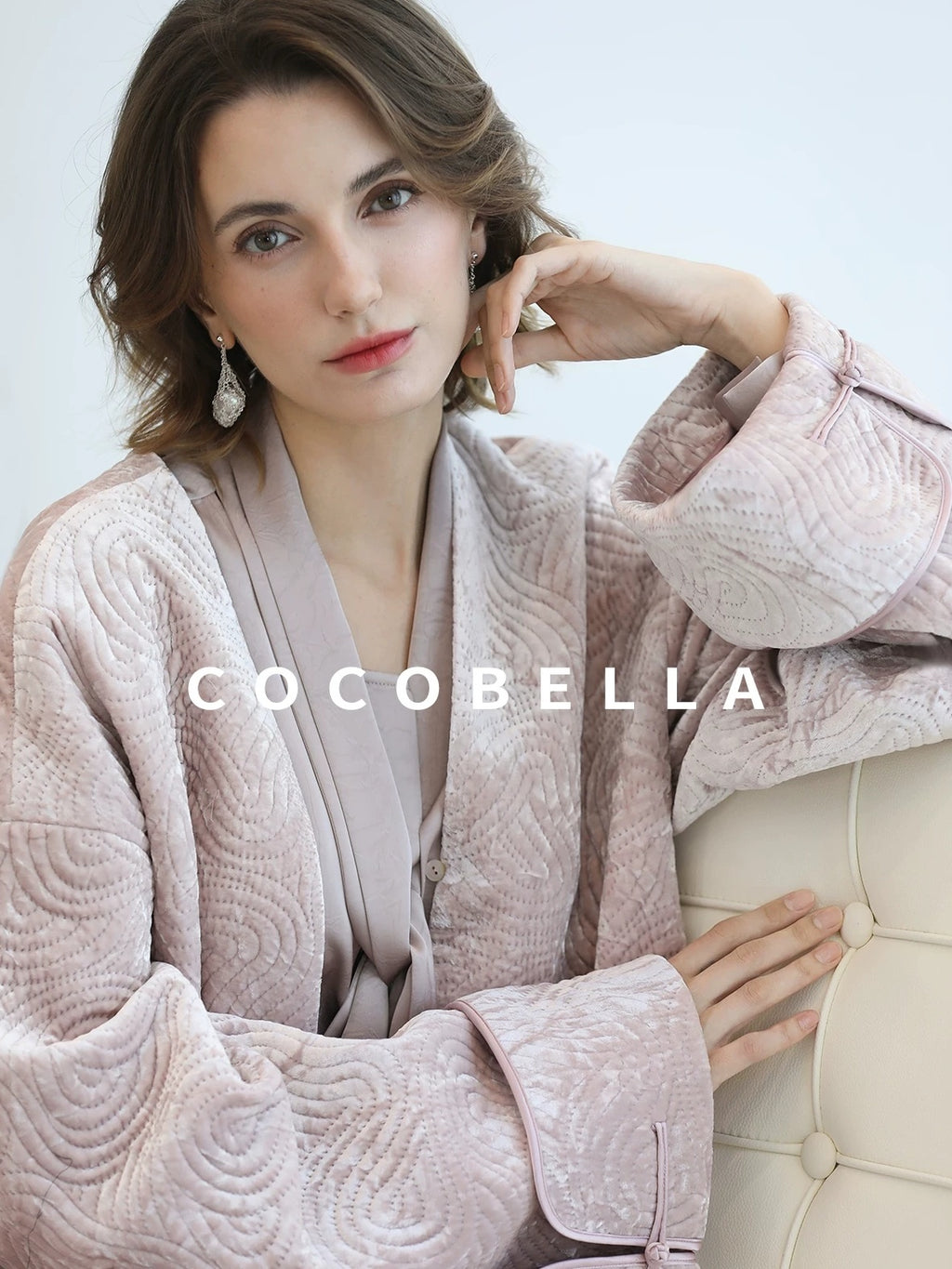 COCOBELLA Velvet Pink Insulated Loose Fit Mid Length Office Padded Jackets