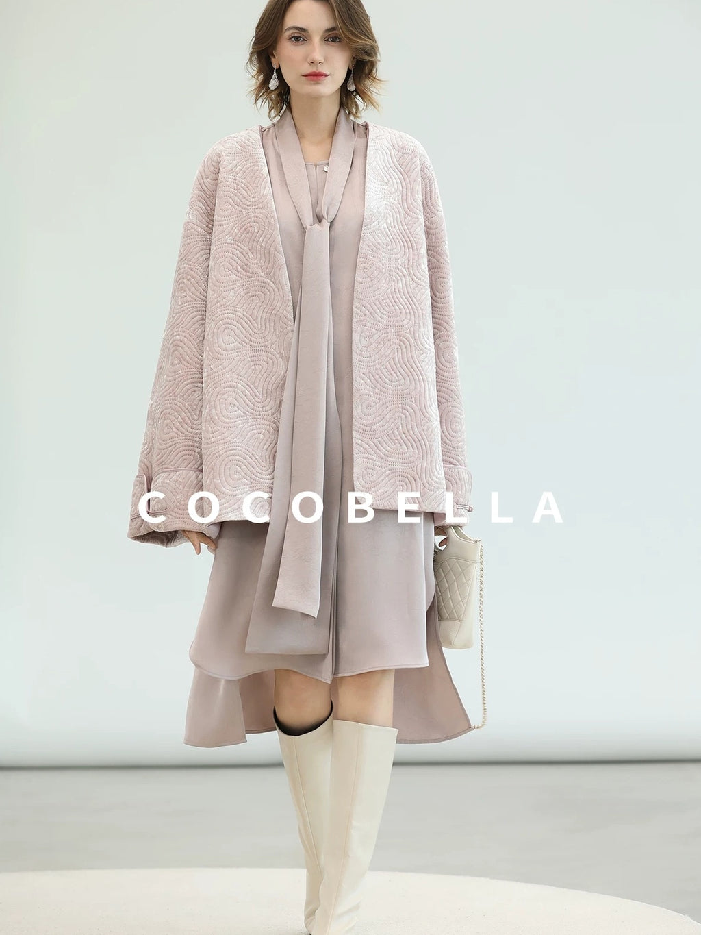 COCOBELLA Velvet Pink Insulated Loose Fit Mid Length Office Padded Jackets