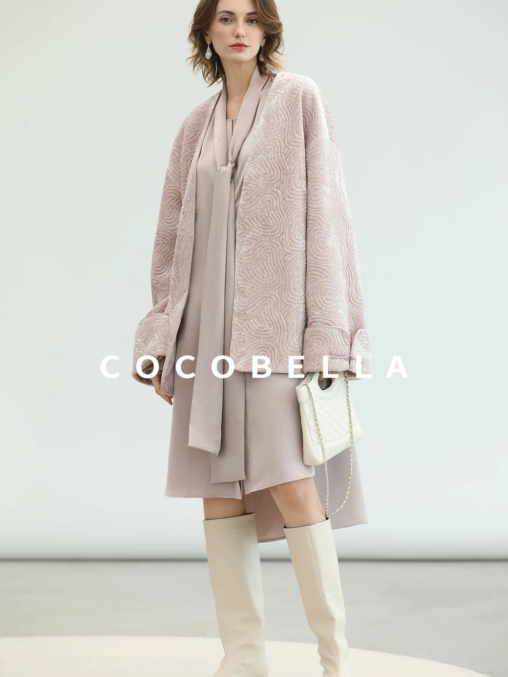 COCOBELLA Velvet Pink Insulated Loose Fit Mid Length Office Padded Jackets