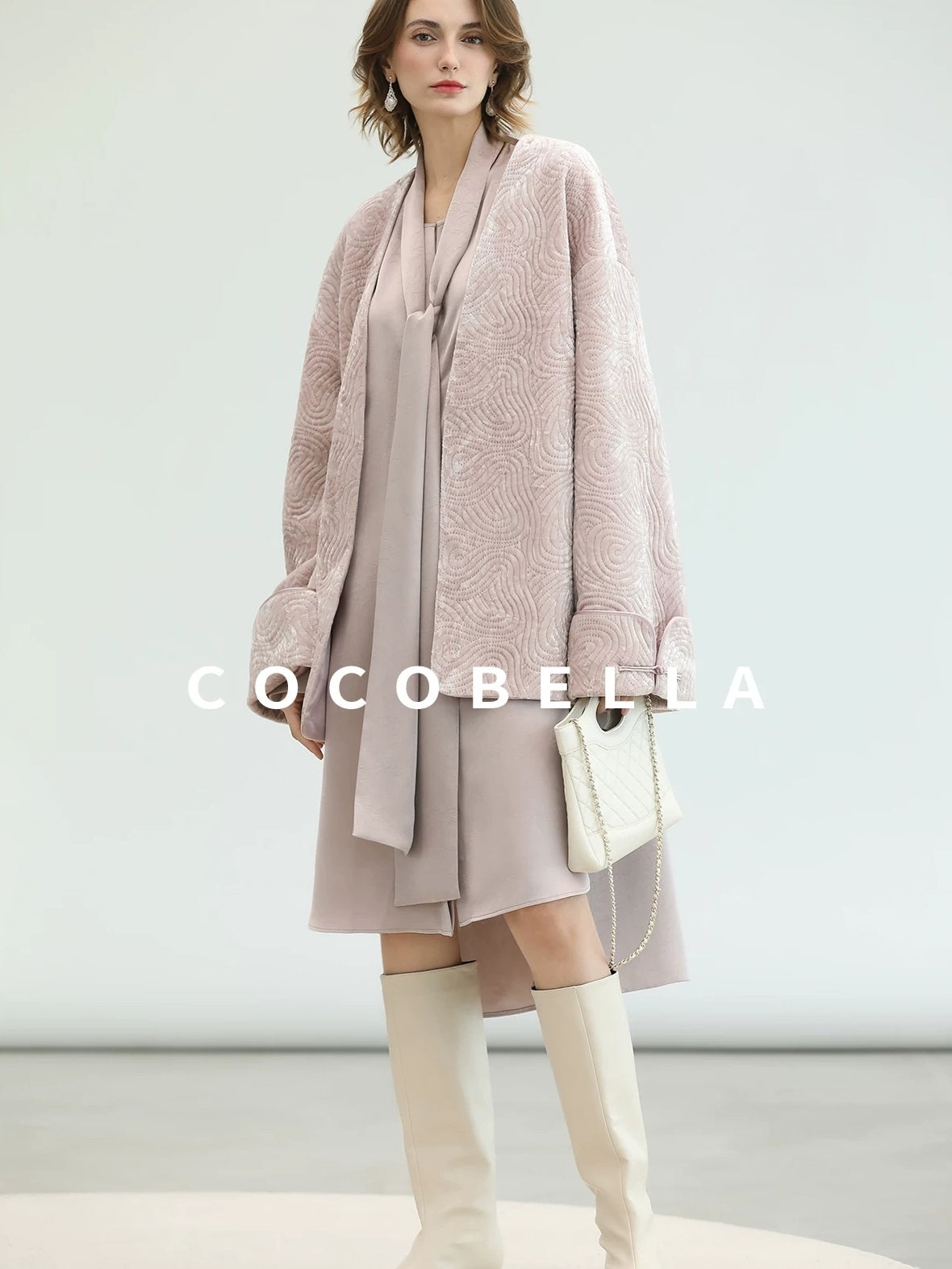 COCOBELLA Velvet Pink Insulated Loose Fit Mid Length Office Padded Jackets