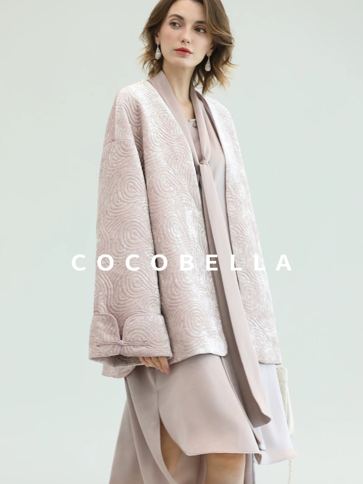 COCOBELLA Velvet Pink Insulated Loose Fit Mid Length Office Padded Jackets