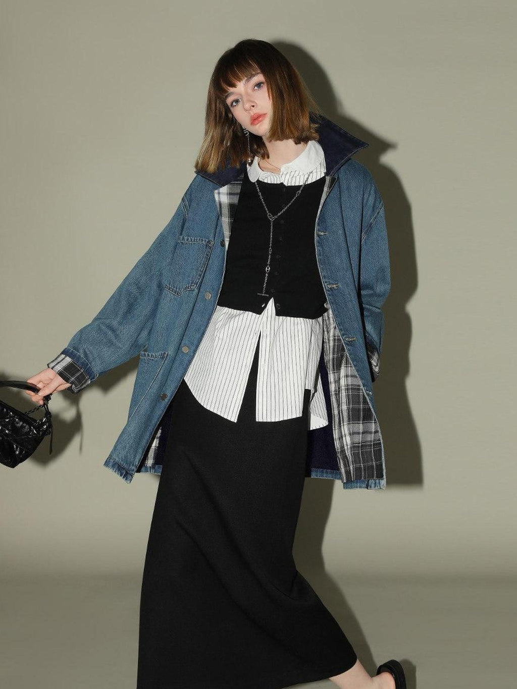 COCOBELLA Versatile Loose Midlength Button Patchwork Pockets Denim Cotton Women Jackets