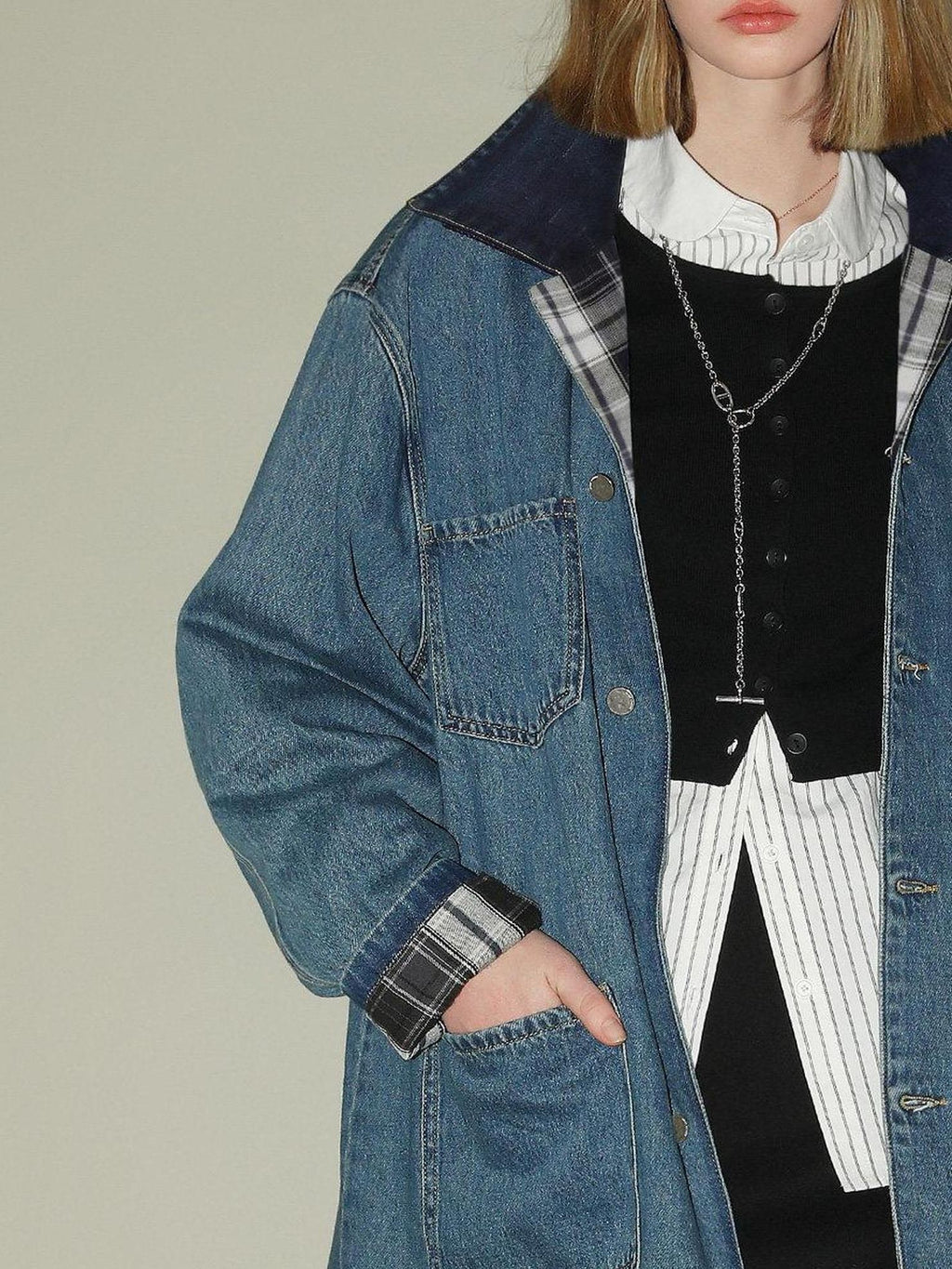 COCOBELLA Versatile Loose Midlength Button Patchwork Pockets Denim Cotton Women Jackets