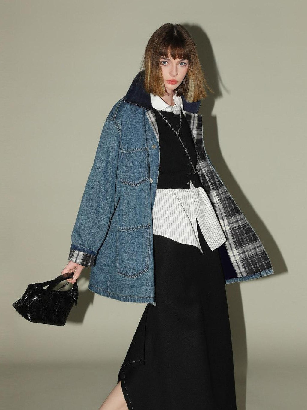 COCOBELLA Versatile Loose Midlength Button Patchwork Pockets Denim Cotton Women Jackets