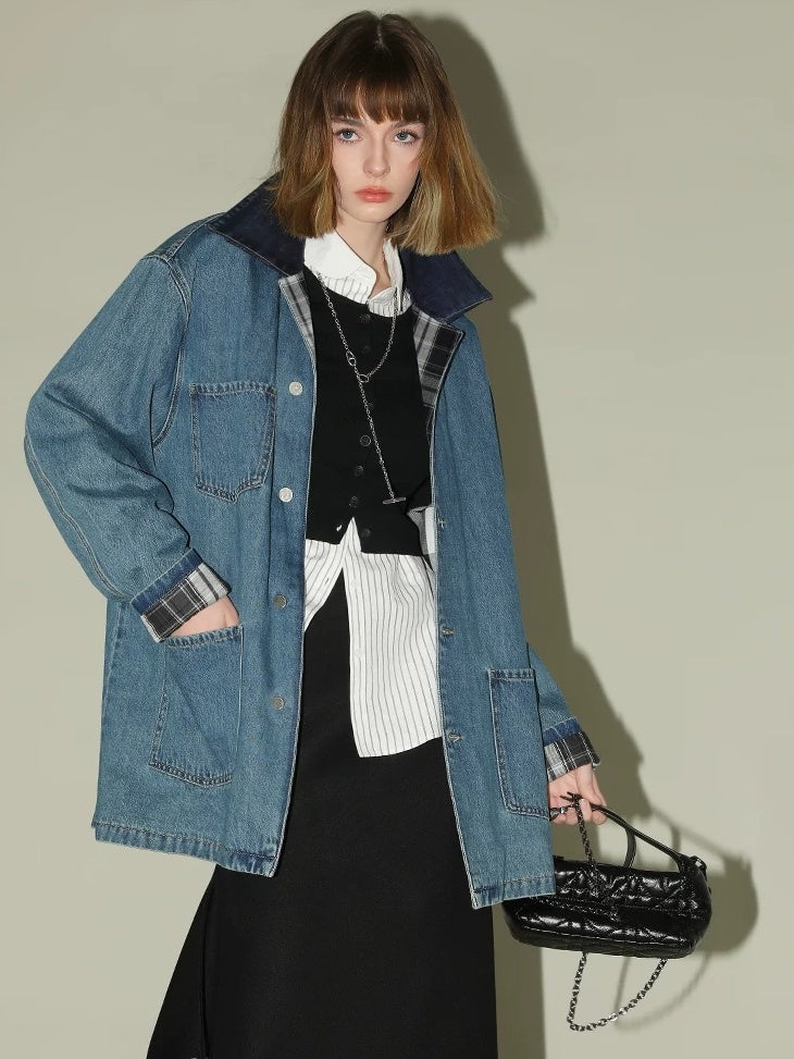 COCOBELLA Versatile Loose Midlength Button Patchwork Pockets Denim Cotton Women Jackets