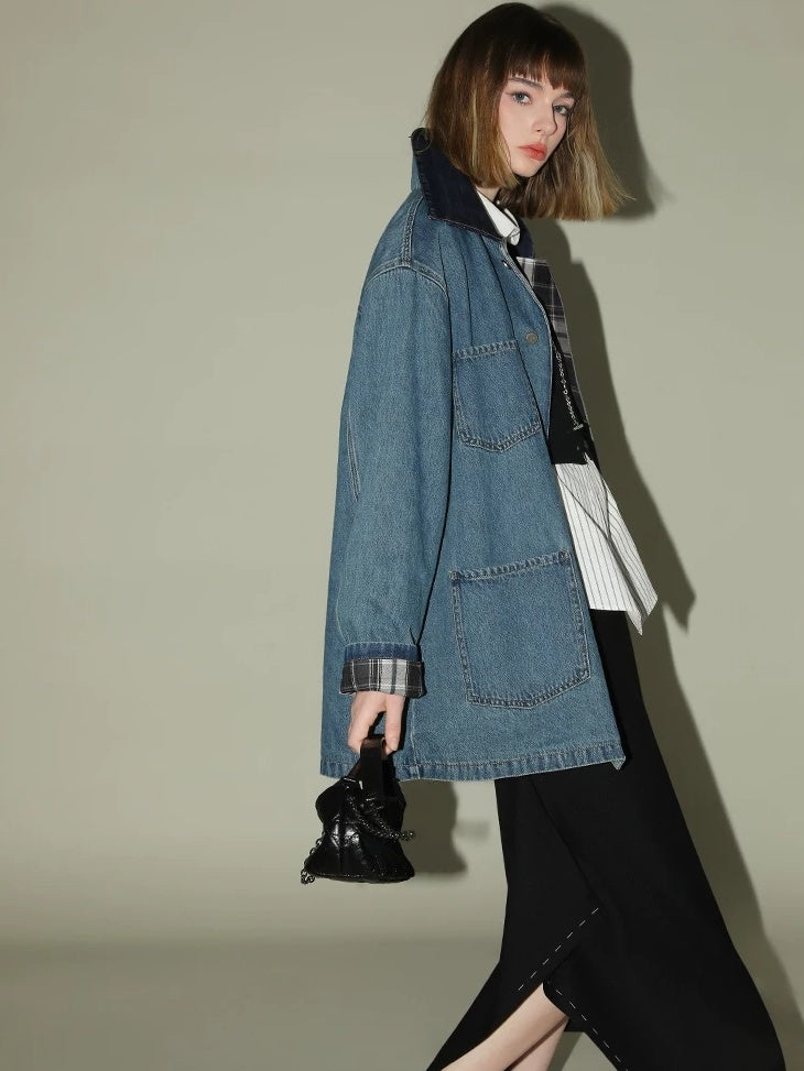 COCOBELLA Versatile Loose Midlength Button Patchwork Pockets Denim Cotton Women Jackets