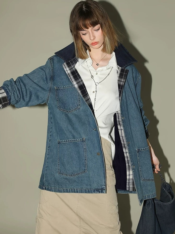 COCOBELLA Versatile Loose Midlength Button Patchwork Pockets Denim Cotton Women Jackets