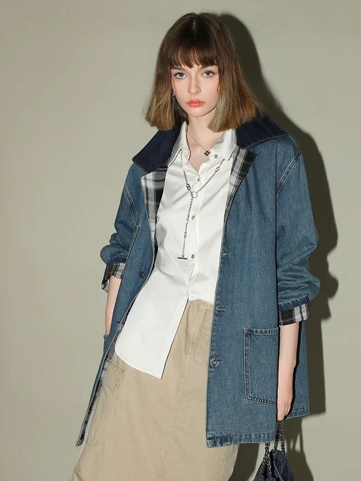 COCOBELLA Versatile Loose Midlength Button Patchwork Pockets Denim Cotton Women Jackets