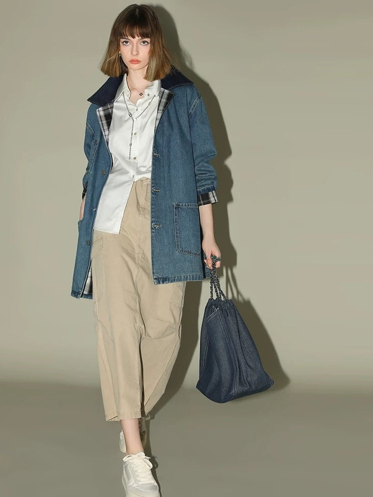 COCOBELLA Versatile Loose Midlength Button Patchwork Pockets Denim Cotton Women Jackets