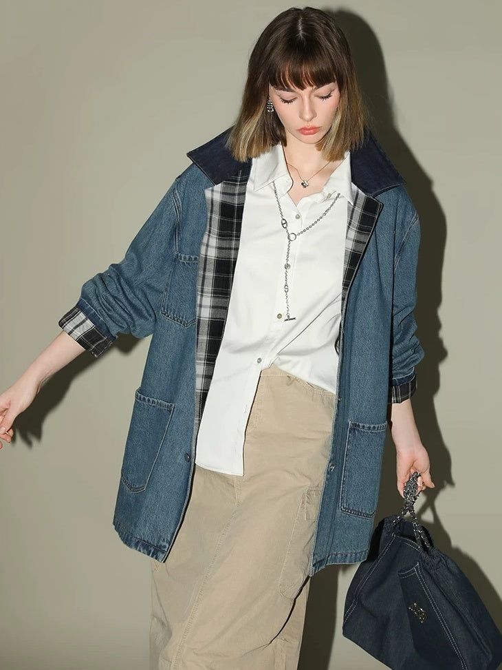 COCOBELLA Versatile Loose Midlength Button Patchwork Pockets Denim Cotton Women Jackets