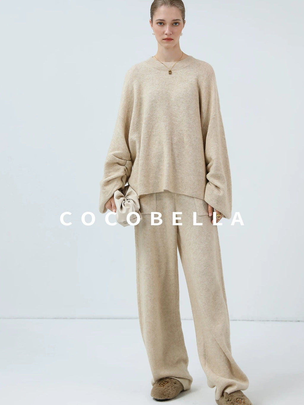 COCOBELLA Versatile Minimalist Knit Tailored Curved Leg Elastic Waist Women Pants
