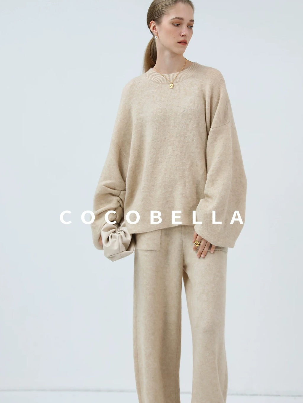 COCOBELLA Versatile Minimalist Knit Tailored Curved Leg Elastic Waist Women Pants