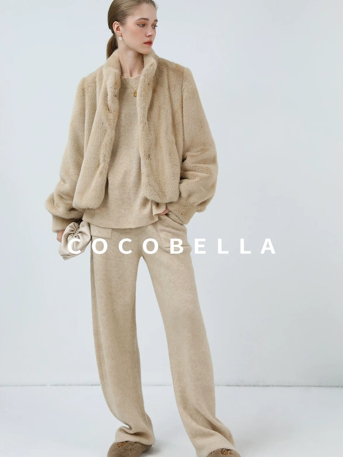 COCOBELLA Versatile Minimalist Knit Tailored Curved Leg Elastic Waist Women Pants