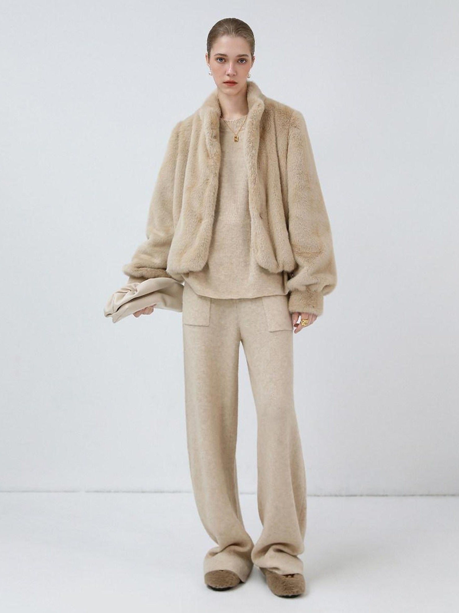 COCOBELLA Versatile Minimalist Knit Tailored Curved Leg Elastic Waist Women Pants