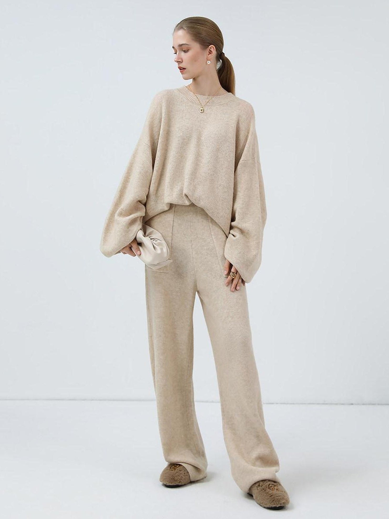 COCOBELLA Versatile Minimalist Knit Tailored Curved Leg Elastic Waist Women Pants