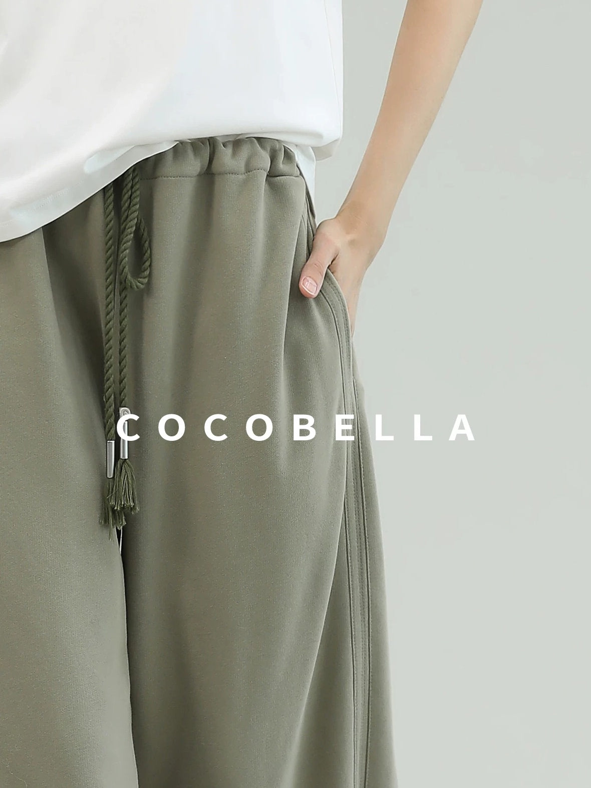 COCOBELLA Versatile Natural Waist Wide Leg Cotton Blend Casual Womens Dusty Green Pants