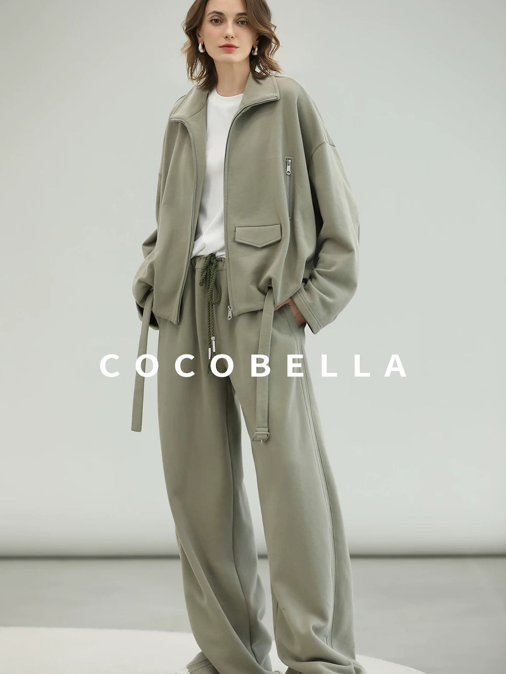 COCOBELLA Versatile Natural Waist Wide Leg Cotton Blend Casual Womens Dusty Green Pants