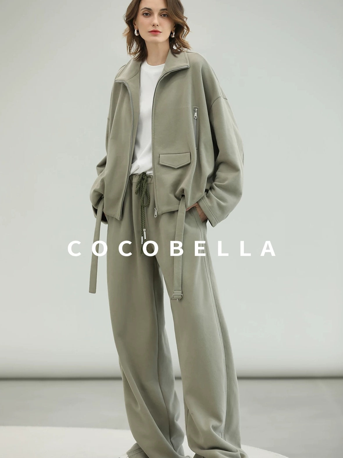 COCOBELLA Versatile Natural Waist Wide Leg Cotton Blend Casual Womens Dusty Green Pants