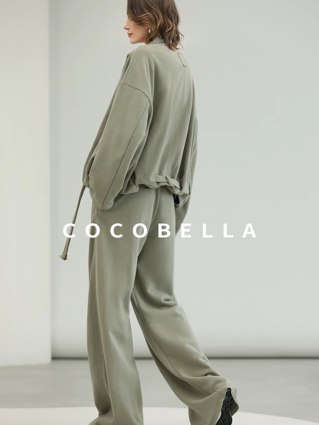 COCOBELLA Versatile Natural Waist Wide Leg Cotton Blend Casual Womens Dusty Green Pants