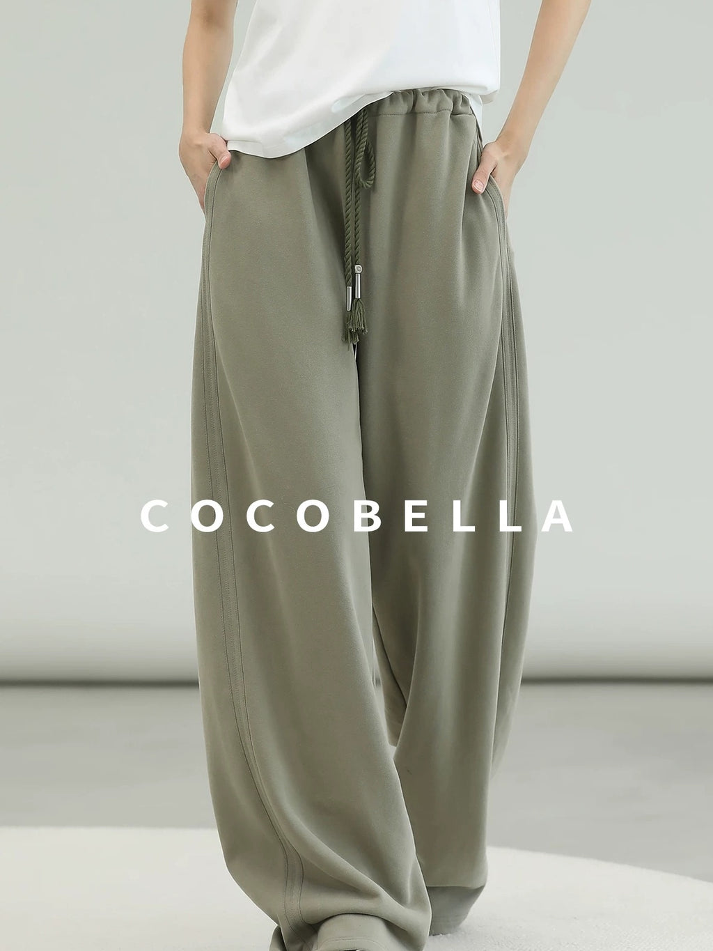 COCOBELLA Versatile Natural Waist Wide Leg Cotton Blend Casual Womens Dusty Green Pants