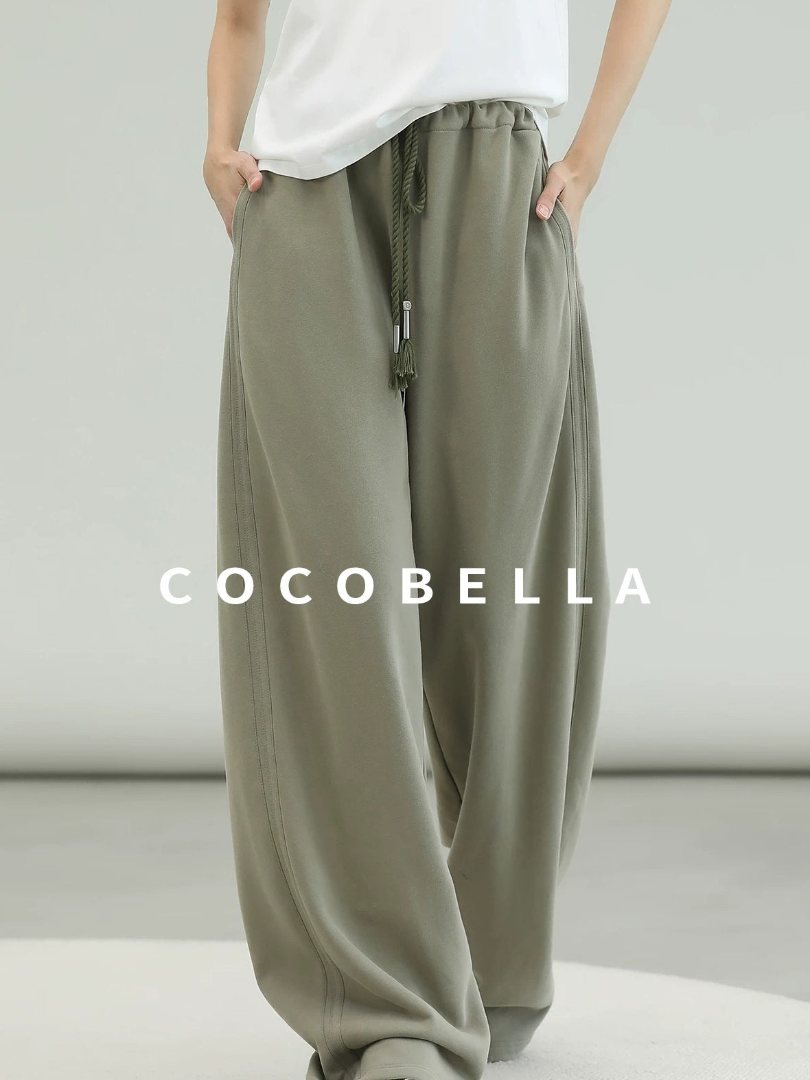 COCOBELLA Versatile Natural Waist Wide Leg Cotton Blend Casual Womens Dusty Green Pants