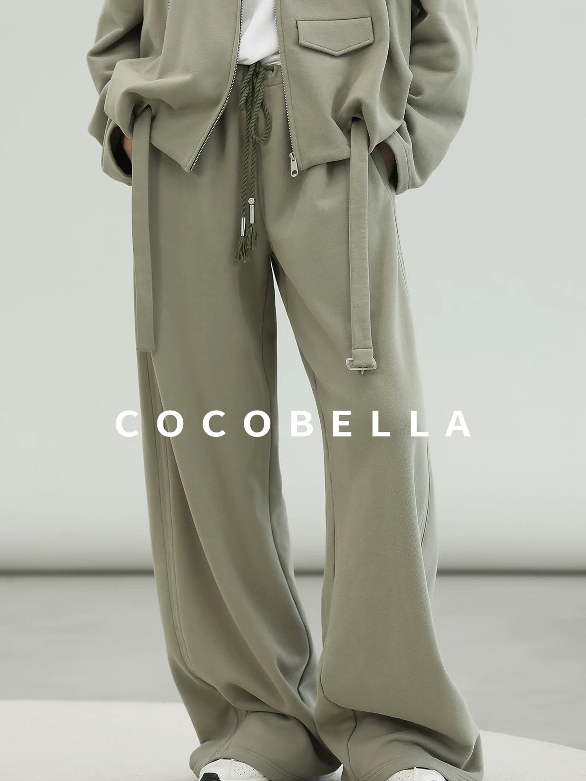 COCOBELLA Versatile Natural Waist Wide Leg Cotton Blend Casual Womens Dusty Green Pants