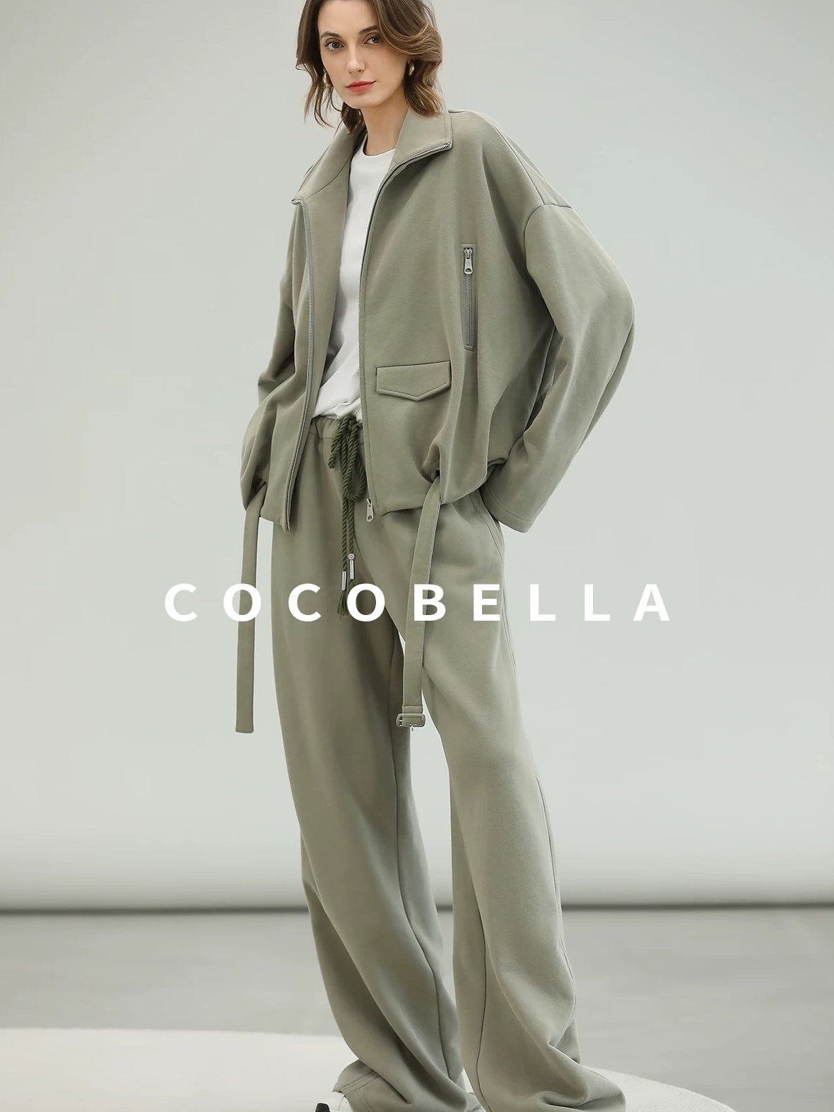 COCOBELLA Versatile Natural Waist Wide Leg Cotton Blend Casual Womens Dusty Green Pants