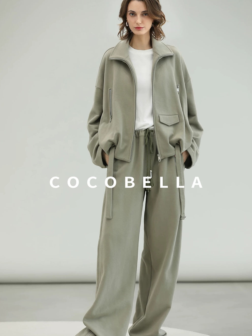 COCOBELLA Versatile Natural Waist Wide Leg Cotton Blend Casual Womens Dusty Green Pants