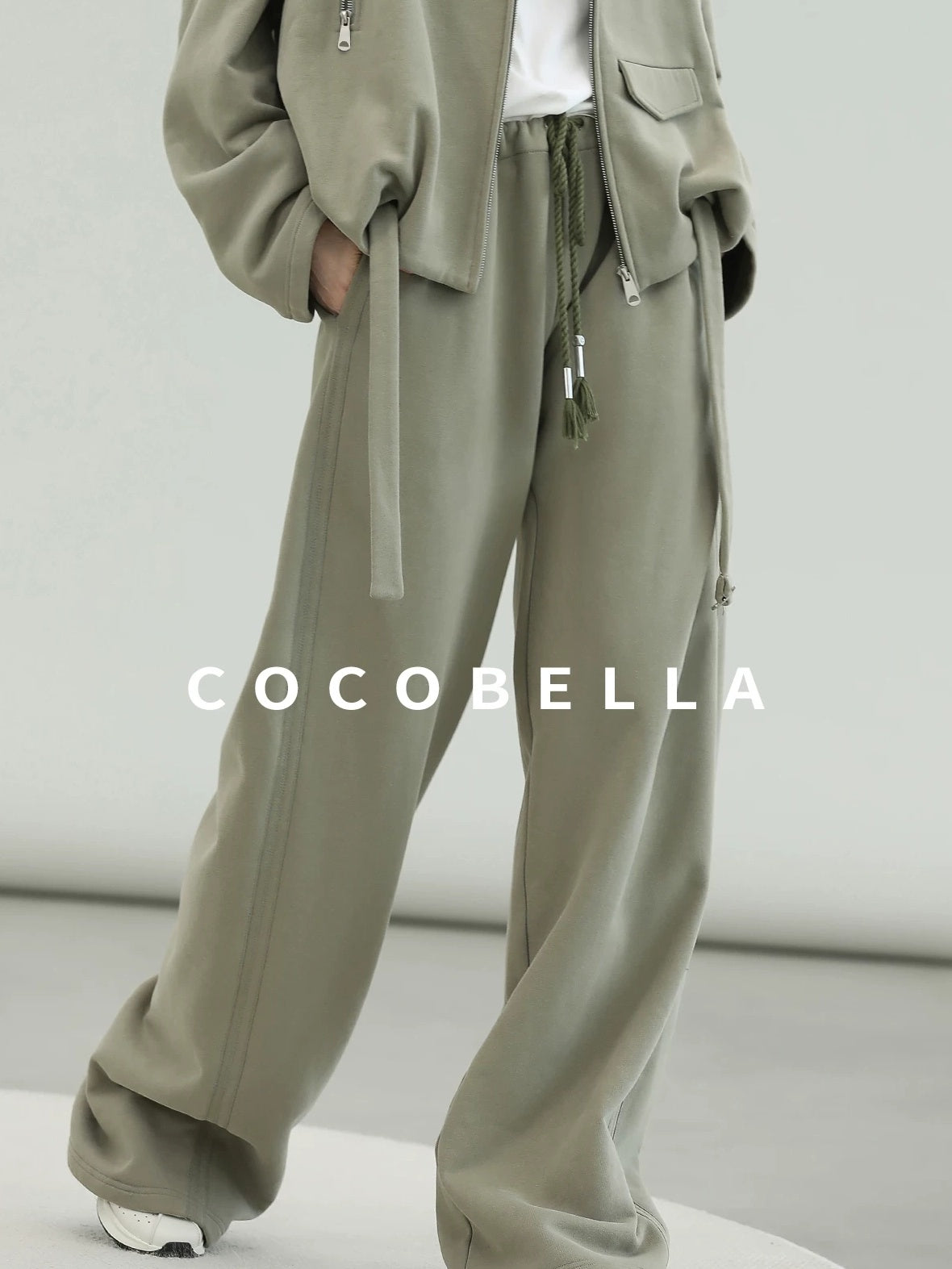 COCOBELLA Versatile Natural Waist Wide Leg Cotton Blend Casual Womens Dusty Green Pants