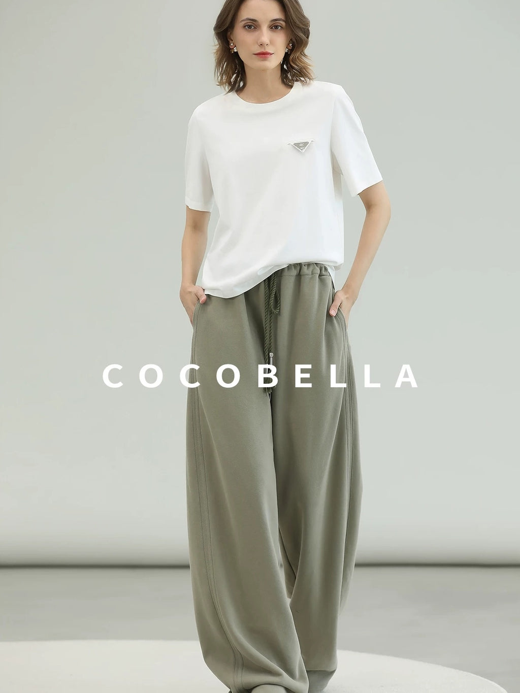 COCOBELLA Versatile Natural Waist Wide Leg Cotton Blend Casual Womens Dusty Green Pants