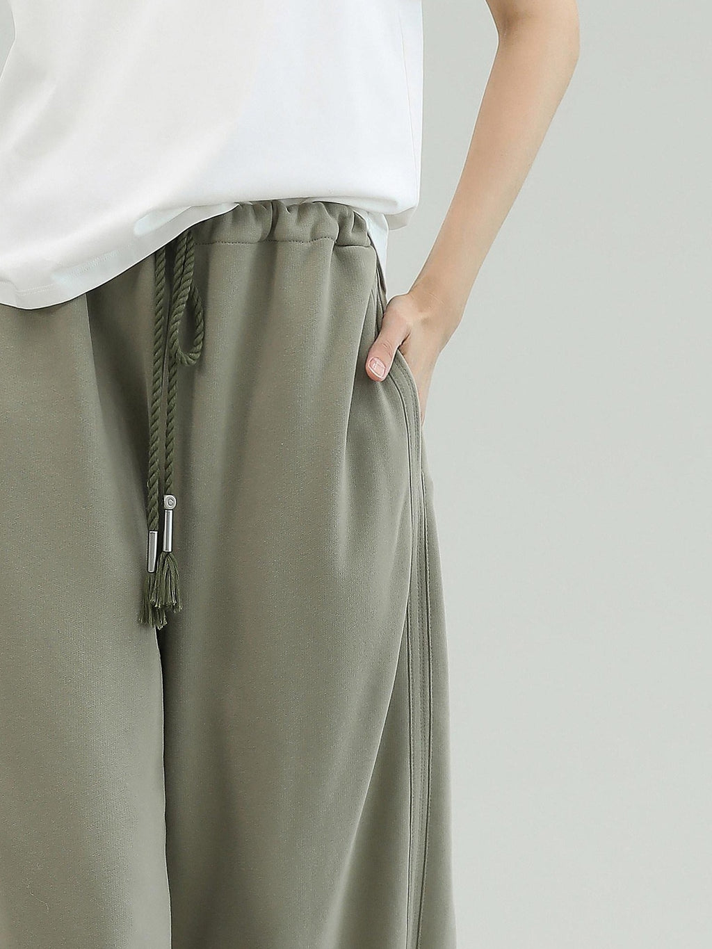 COCOBELLA Versatile Natural Waist Wide Leg Cotton Blend Casual Womens Dusty Green Pants