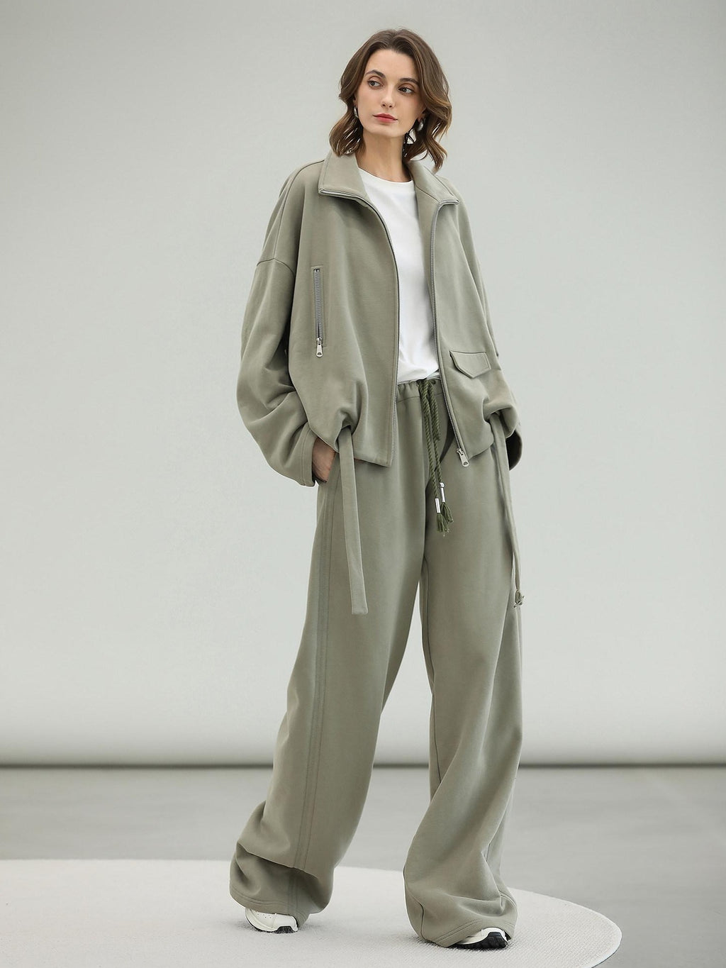 COCOBELLA Versatile Natural Waist Wide Leg Cotton Blend Casual Womens Dusty Green Pants