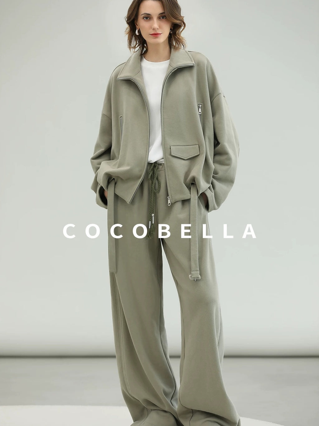 COCOBELLA Versatile Natural Waist Wide Leg Cotton Blend Casual Womens Dusty Green Pants