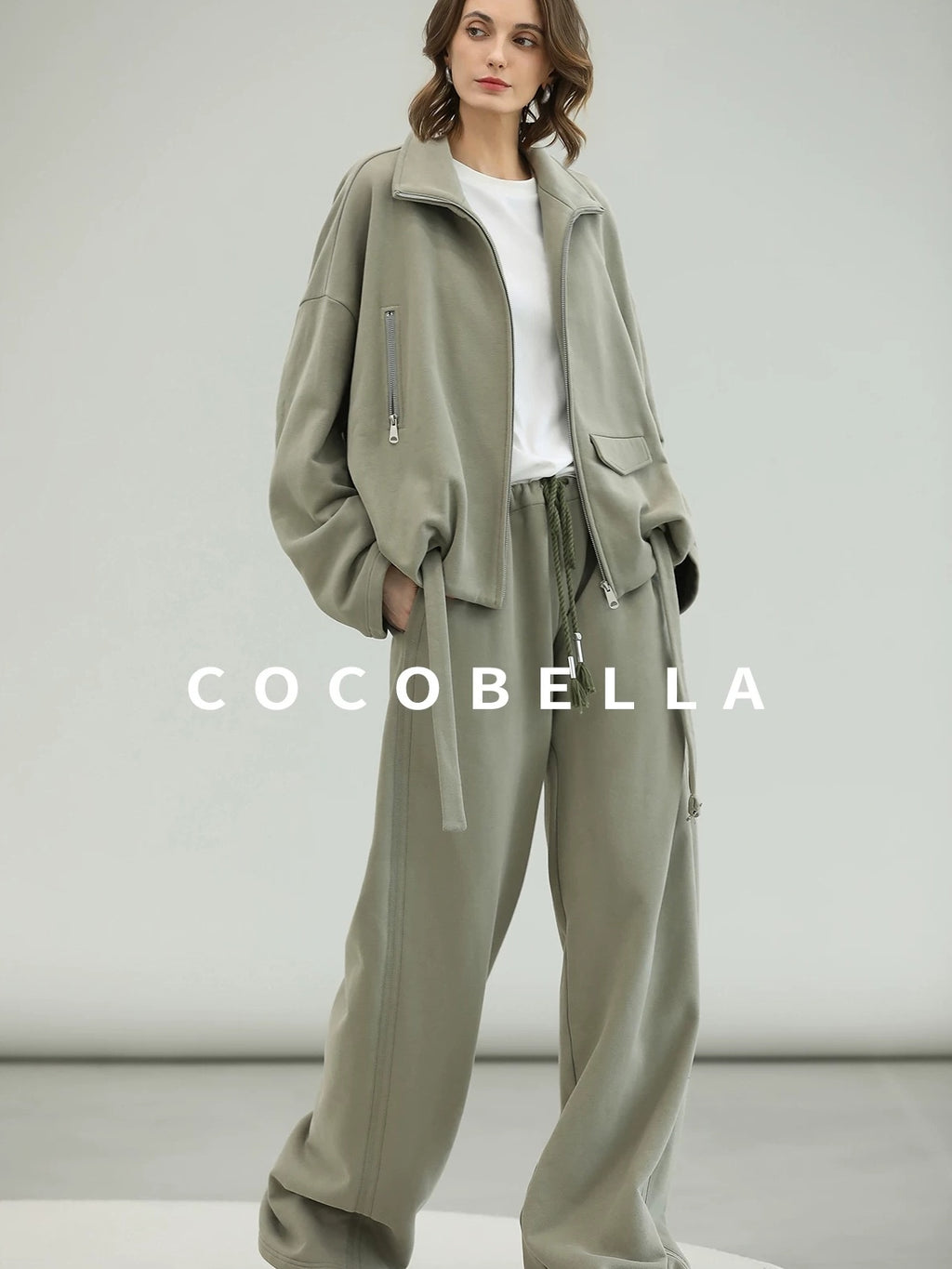 COCOBELLA Versatile Natural Waist Wide Leg Cotton Blend Casual Womens Dusty Green Pants