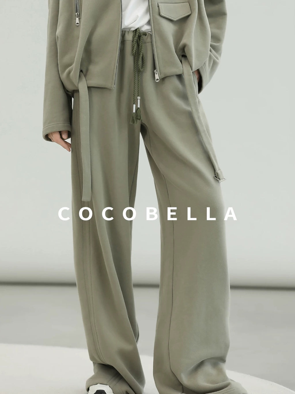 COCOBELLA Versatile Natural Waist Wide Leg Cotton Blend Casual Womens Dusty Green Pants