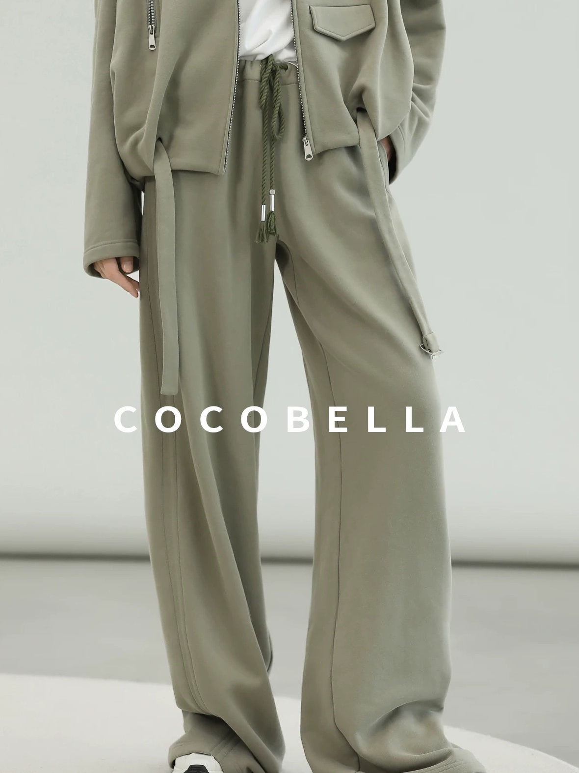 COCOBELLA Versatile Natural Waist Wide Leg Cotton Blend Casual Womens Dusty Green Pants