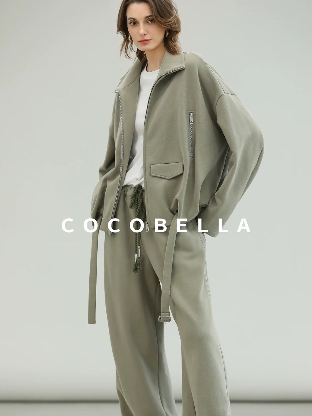 COCOBELLA Versatile Natural Waist Wide Leg Cotton Blend Casual Womens Dusty Green Pants