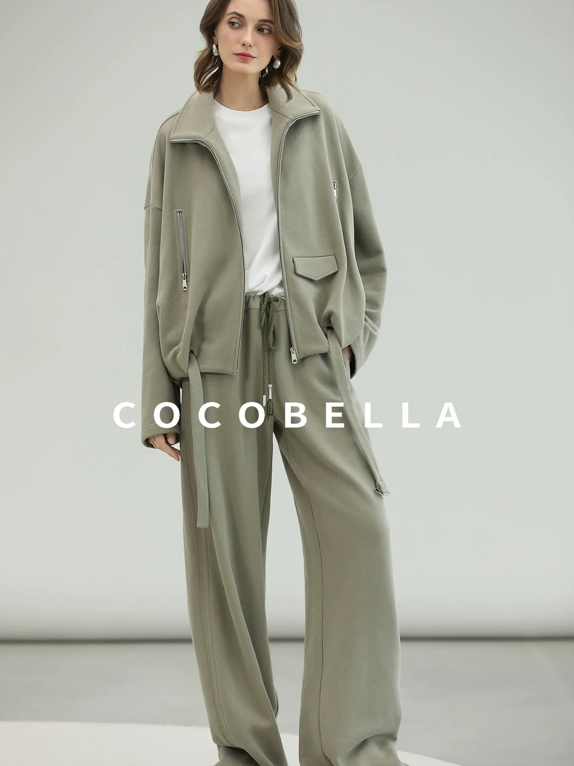 COCOBELLA Versatile Natural Waist Wide Leg Cotton Blend Casual Womens Dusty Green Pants