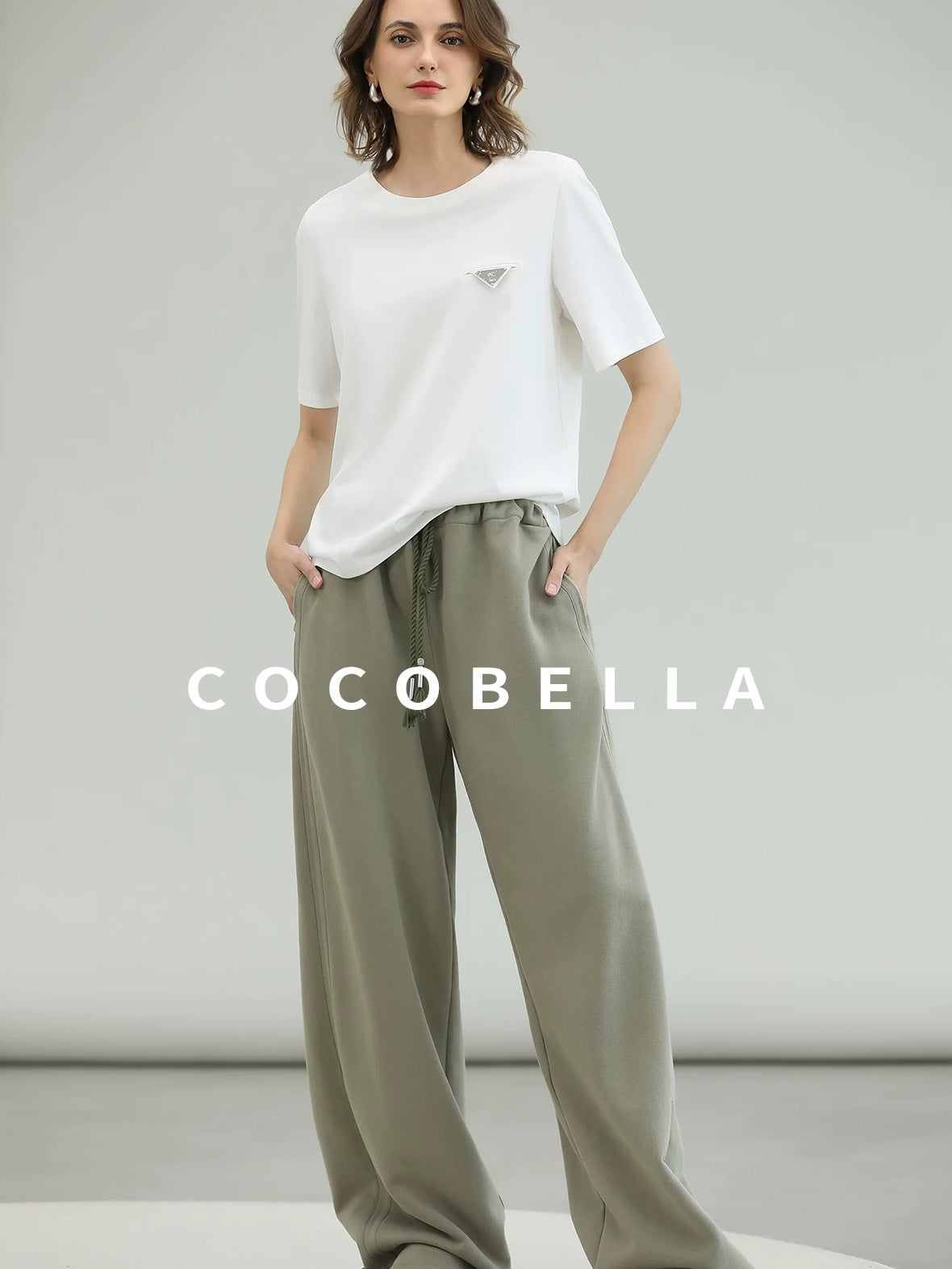 COCOBELLA Versatile Natural Waist Wide Leg Cotton Blend Casual Womens Dusty Green Pants