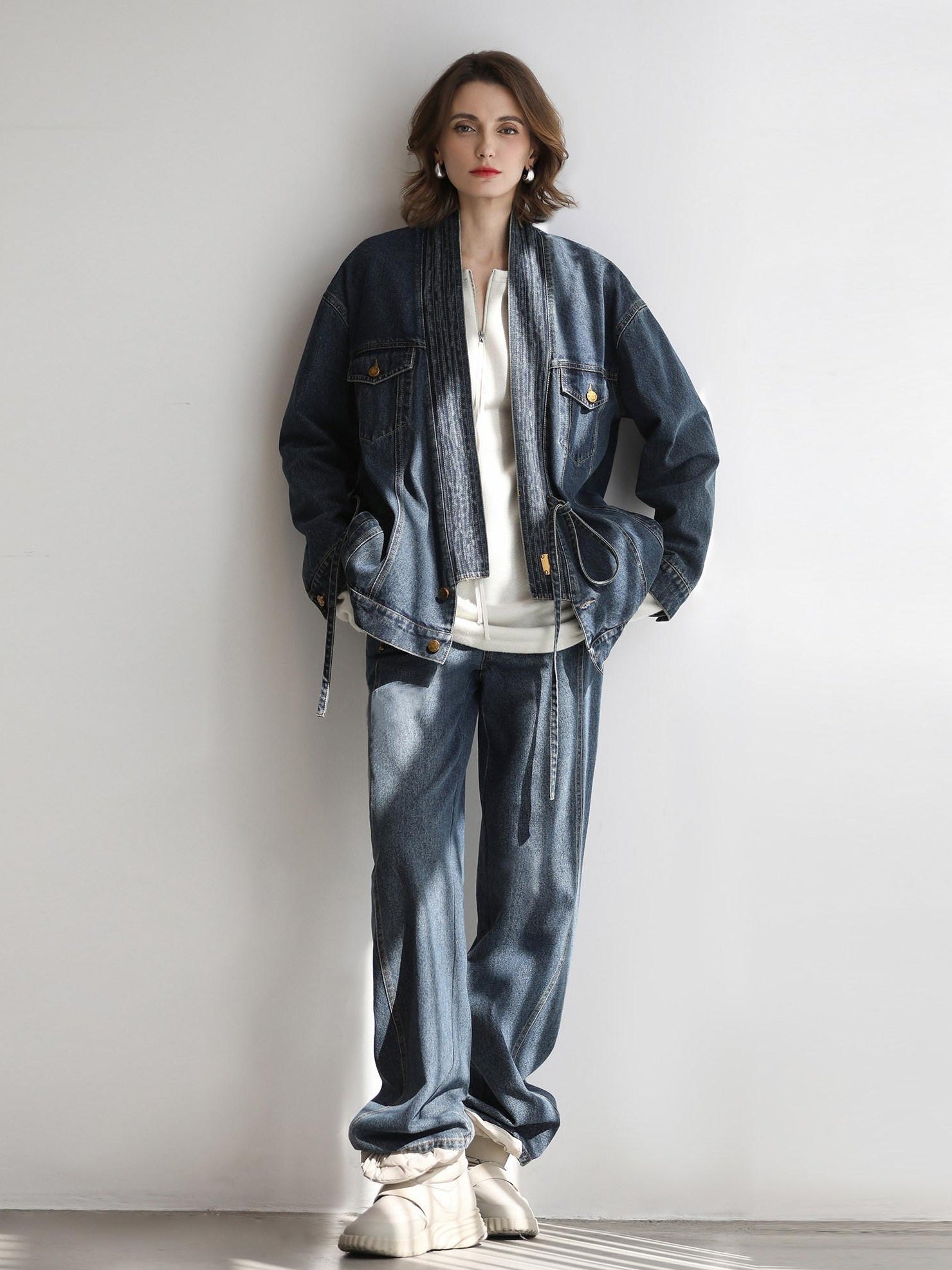 COCOBELLA Vintage Denim Blue Loose Fit Button Tie Pocket Topstitching Women Jackets