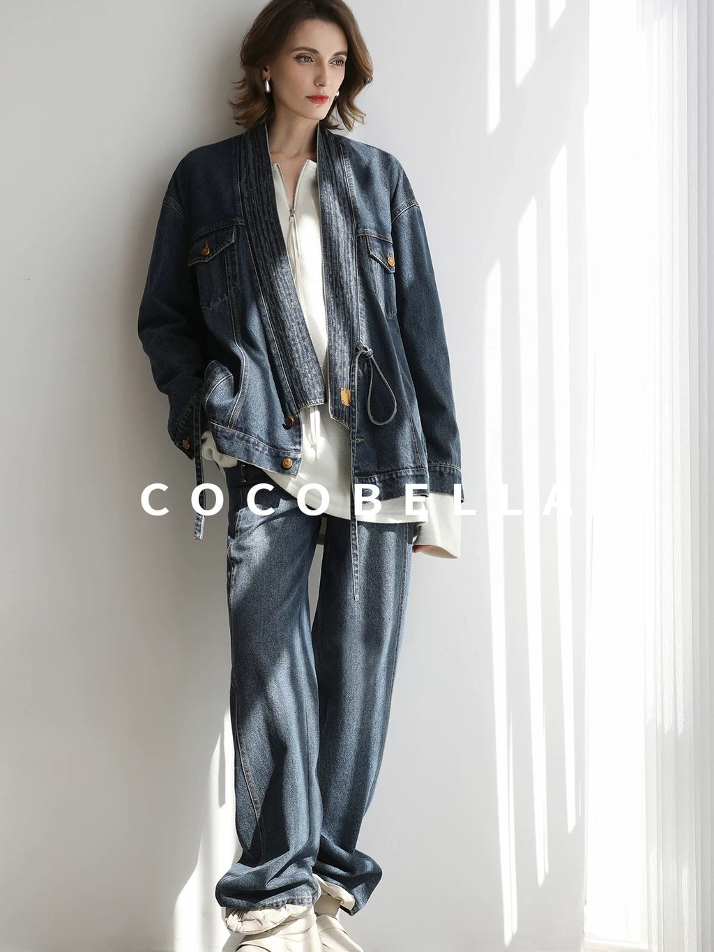 COCOBELLA Vintage Denim Blue Loose Fit Button Tie Pocket Topstitching Women Jackets