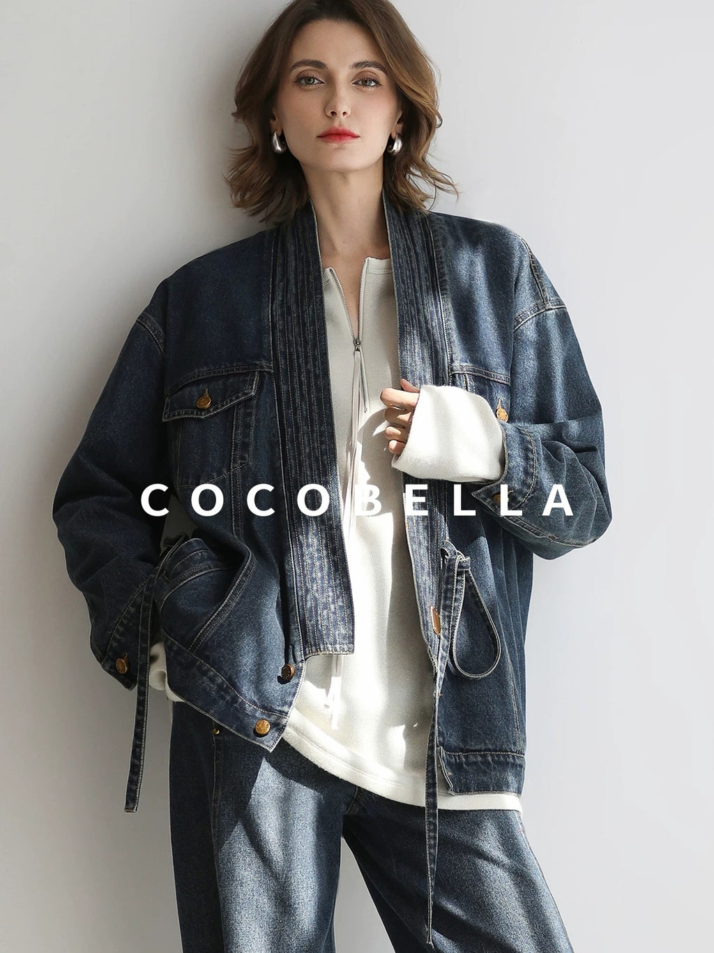 COCOBELLA Vintage Denim Blue Loose Fit Button Tie Pocket Topstitching Women Jackets
