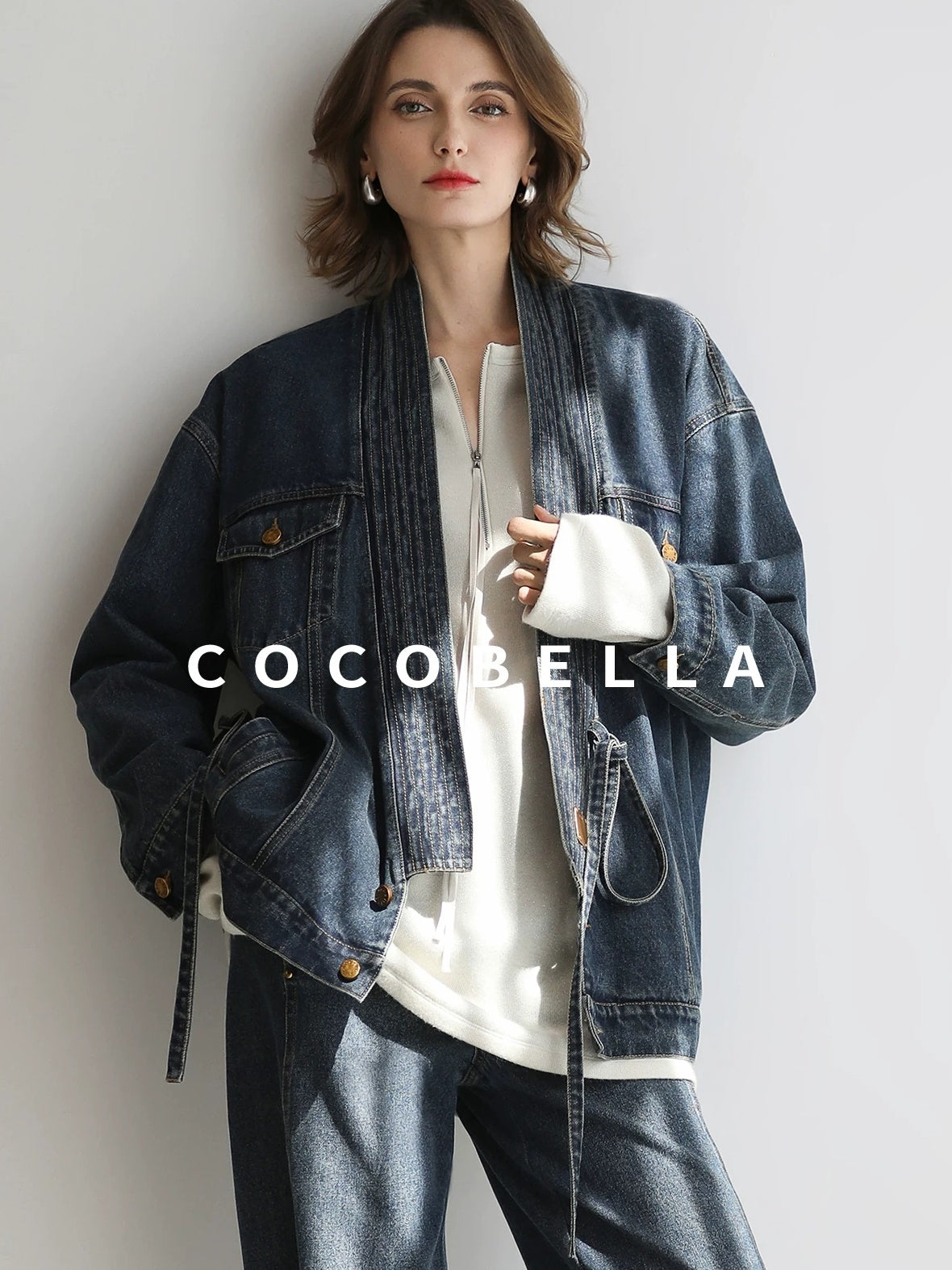 COCOBELLA Vintage Denim Blue Loose Fit Button Tie Pocket Topstitching Women Jackets