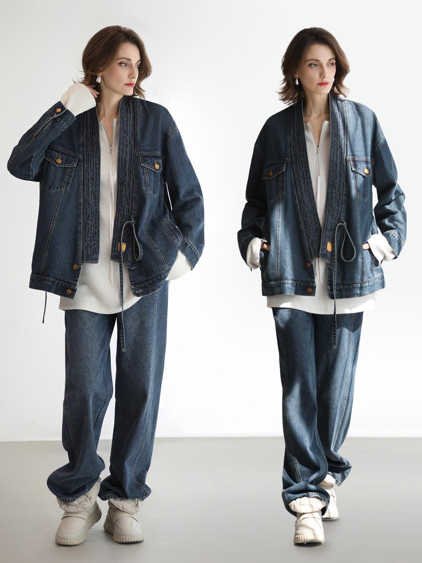 COCOBELLA Vintage Denim Blue Loose Fit Button Tie Pocket Topstitching Women Jackets