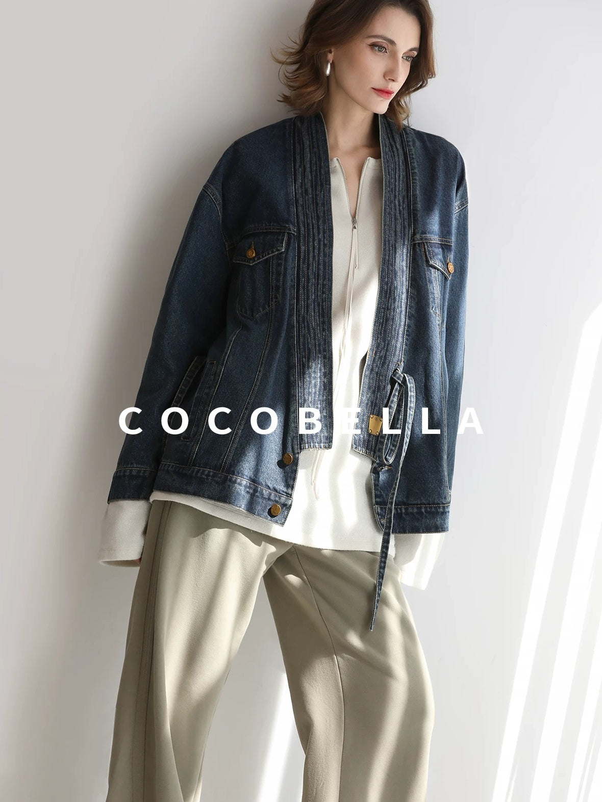 COCOBELLA Vintage Denim Blue Loose Fit Button Tie Pocket Topstitching Women Jackets