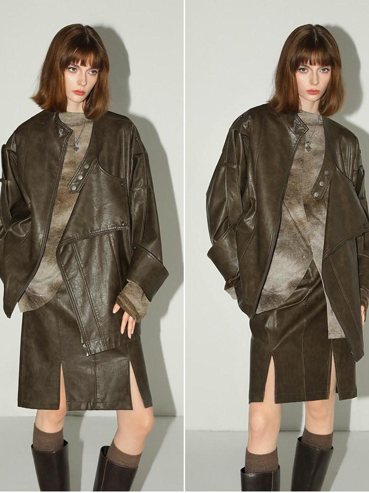 COCOBELLA Vintage Distressed High Waist Pu Pencil Straight Slit Faded City Work Skirts