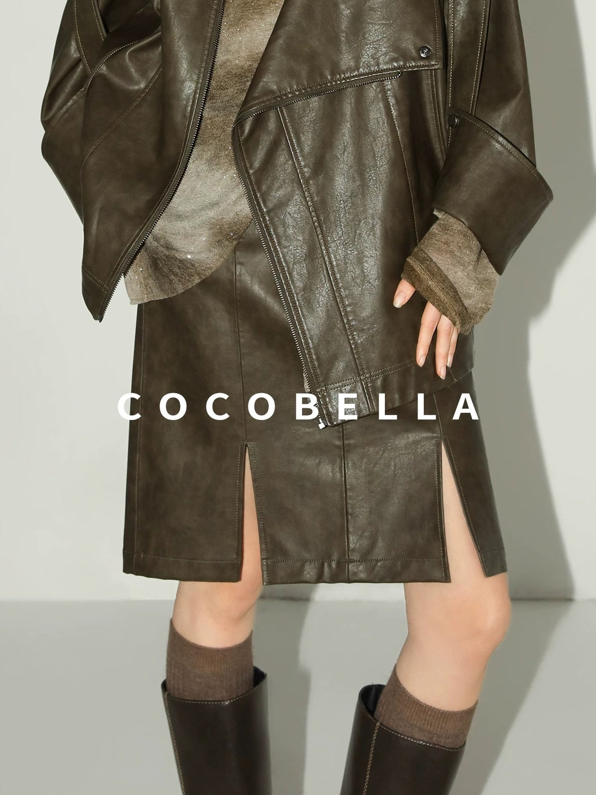 COCOBELLA Vintage Distressed High Waist Pu Pencil Straight Slit Faded City Work Skirts